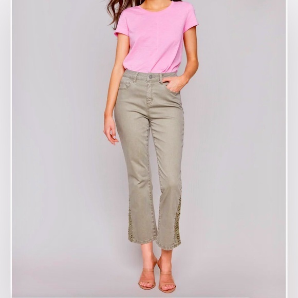 CHARLIE B Denim - Charlie B Lace Cut Side Bootcut Stretch Twill Pants Celadon Green Women’s 6, NWT